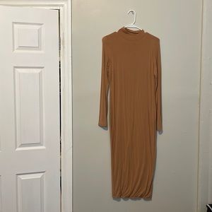Tan Double Line Turtleneck Dress